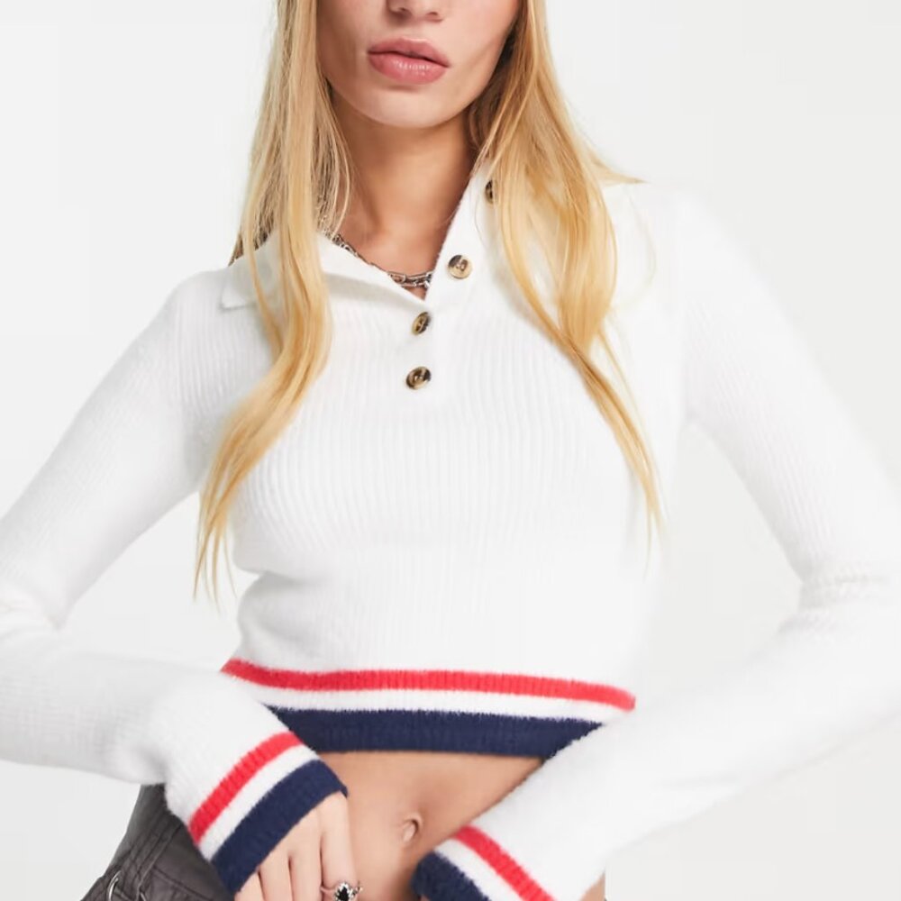 Bershka knitted long sleeve polo with red and blue stripe in white